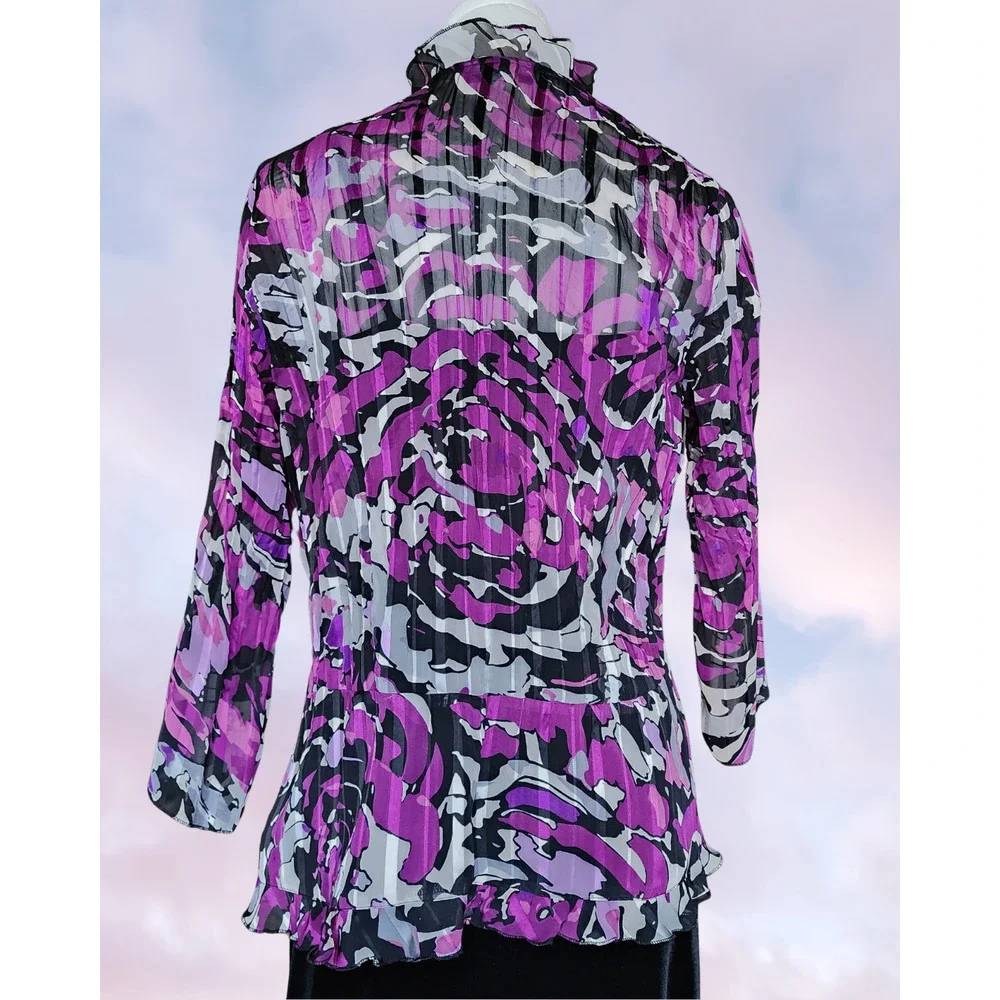 Y2k Studio 1940 Purple White Frilly Mesh Funky Tie Front Blouse Top Sz Small